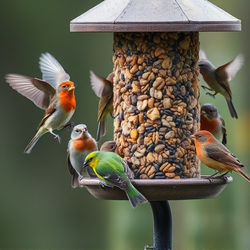 Variety of wild birds around seed feeder