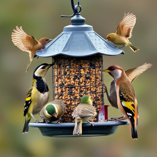 Variety of wild birds around seed feeder