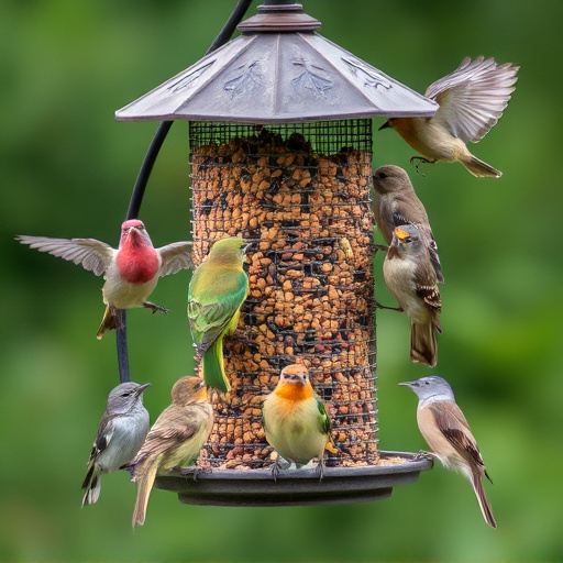 Variety of wild birds around seed feeder