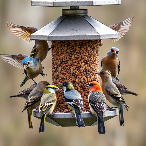 Variety of wild birds around seed feeder