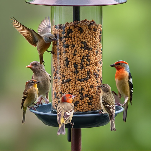 Variety of wild birds around seed feeder