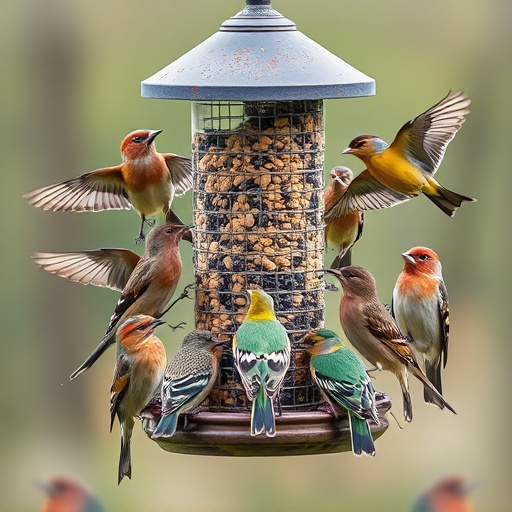 Variety of wild birds around seed feeder