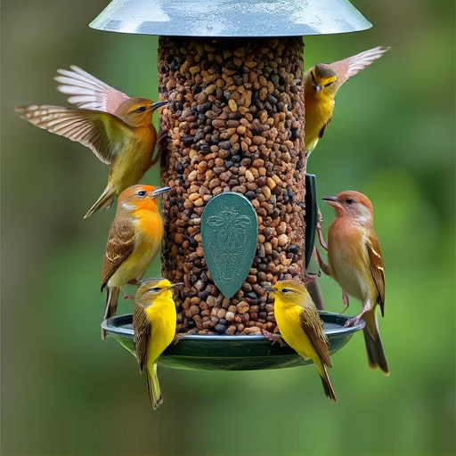 Variety of wild birds around seed feeder