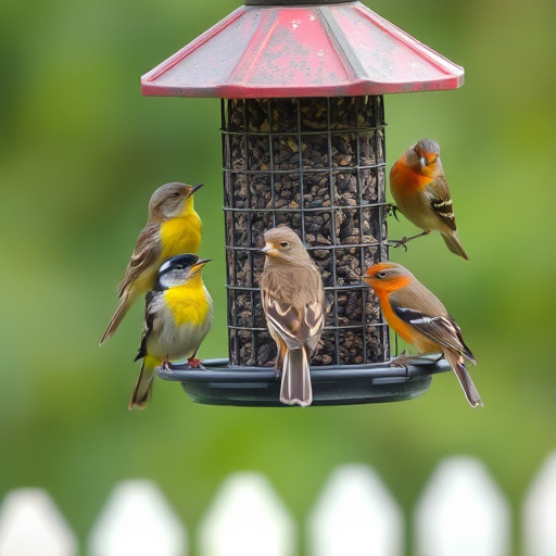 Variety of wild birds around seed feeder