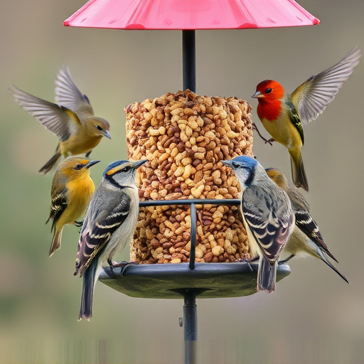 Variety of wild birds around seed feeder