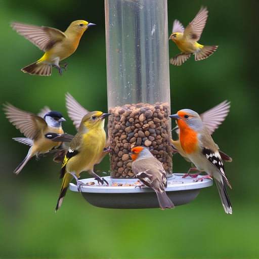 Variety of wild birds around seed feeder