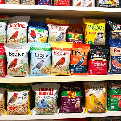 Various bird seed packs on shelf