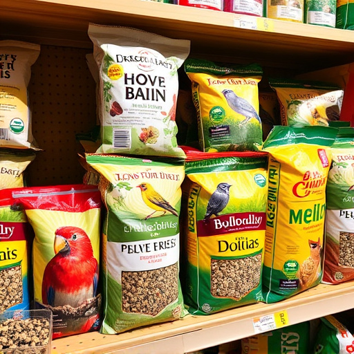 Various bird seed packs on shelf