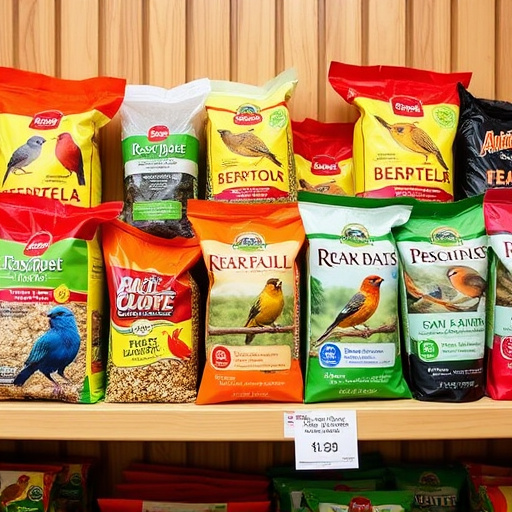 Various bird seed packs on shelf