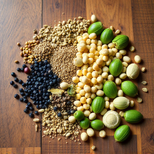 Various seeds spread on wooden table