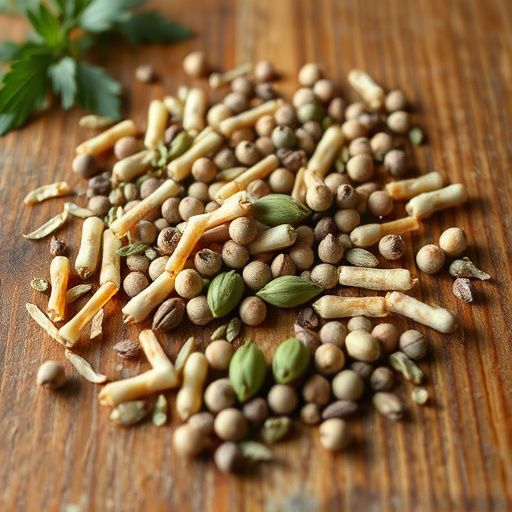 Various seeds spread on wooden table