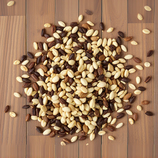 Various seeds spread on wooden table