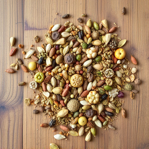 Various seeds spread on wooden table