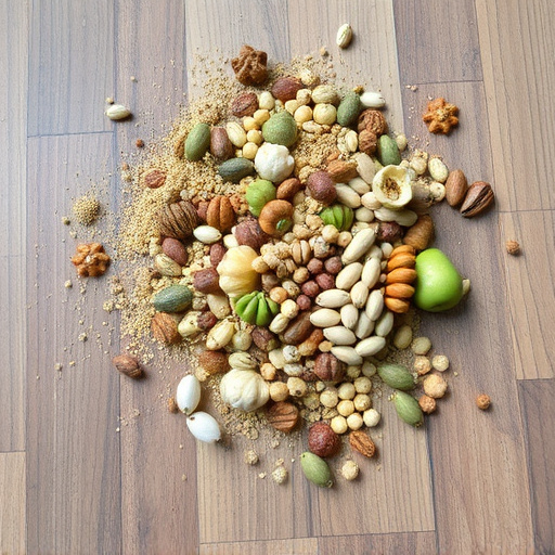 Various seeds spread on wooden table