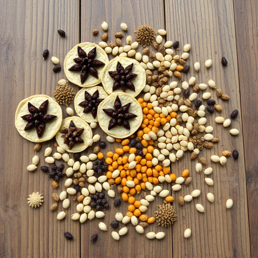 Various seeds spread on wooden table