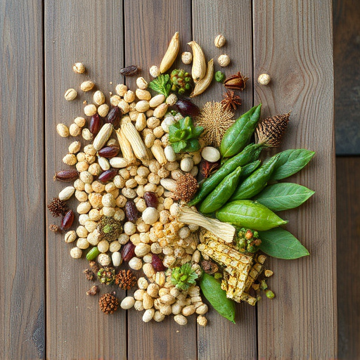 Various seeds spread on wooden table