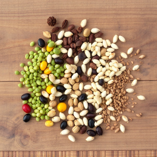 Various seeds spread on wooden table
