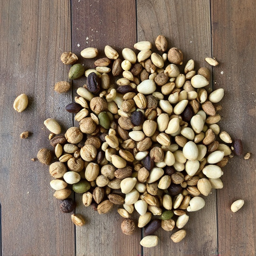 Various seeds spread on wooden table