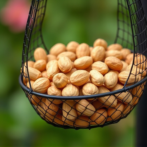 Whole peanuts in mesh bird feeder