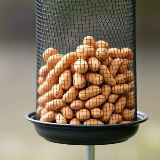 Whole peanuts in mesh bird feeder