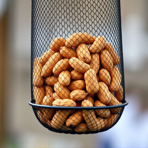 Whole peanuts in mesh bird feeder