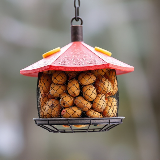 Whole peanuts in mesh bird feeder