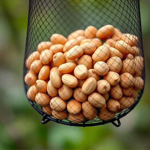 Whole peanuts in mesh bird feeder