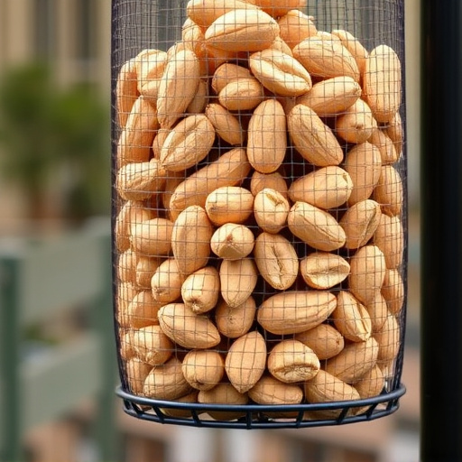 Whole peanuts in mesh bird feeder
