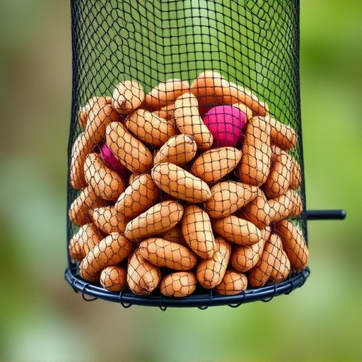 Whole peanuts in mesh bird feeder