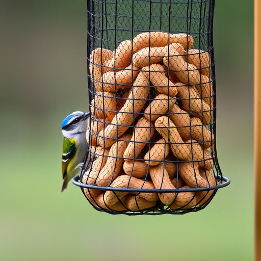 Whole peanuts in mesh bird feeder