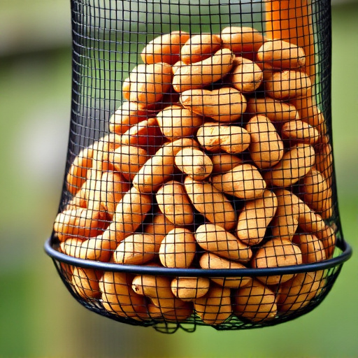 Whole peanuts in mesh bird feeder
