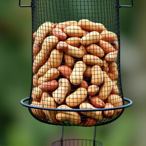 Whole peanuts in mesh bird feeder