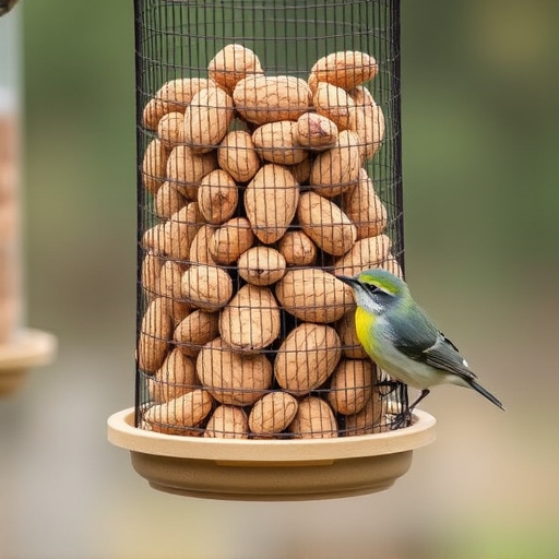 Whole peanuts in mesh bird feeder