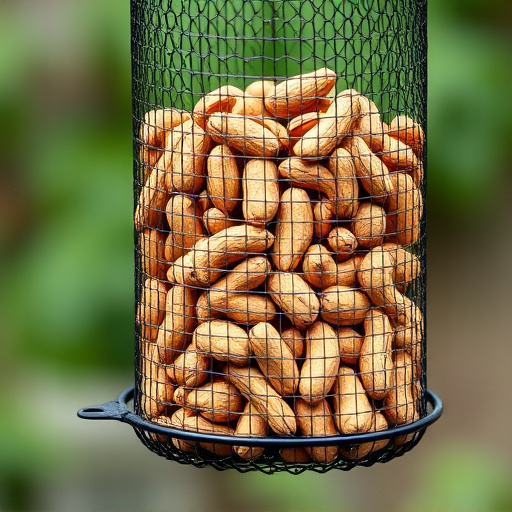 Whole peanuts in mesh bird feeder