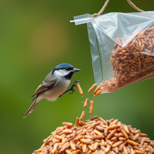 Wild bird seed pouring from bag