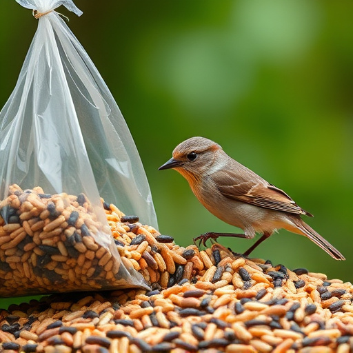 Wild bird seed pouring from bag