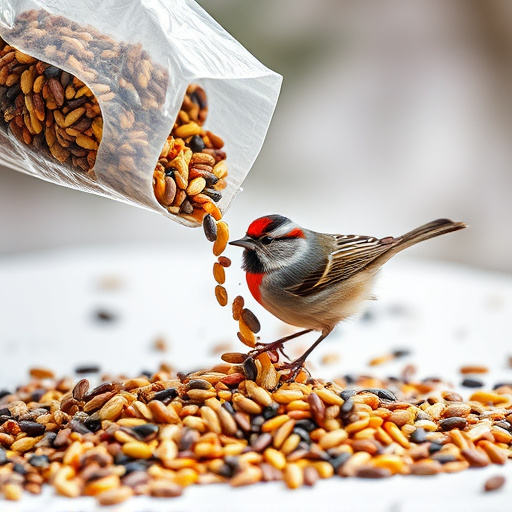 Wild bird seed pouring from bag