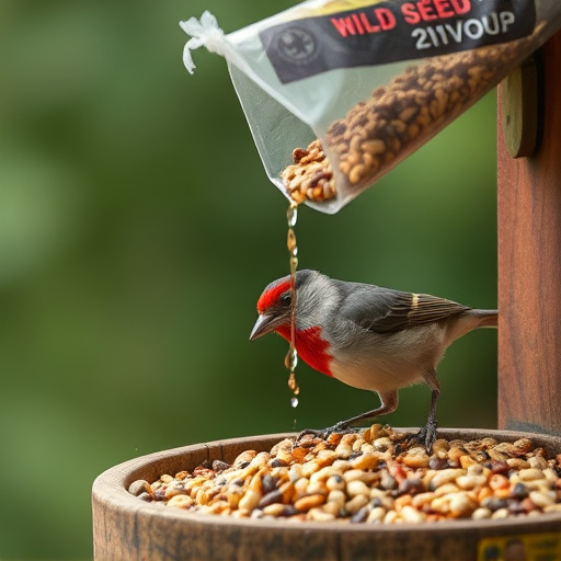 Wild bird seed pouring from bag