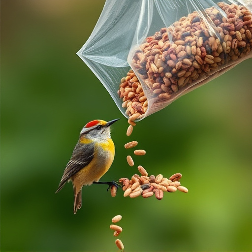 Wild bird seed pouring from bag