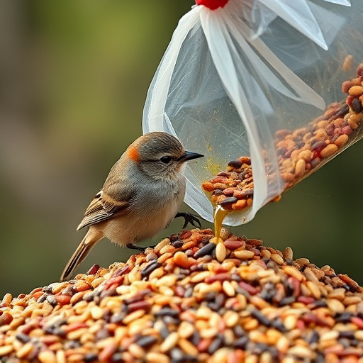 Wild bird seed pouring from bag