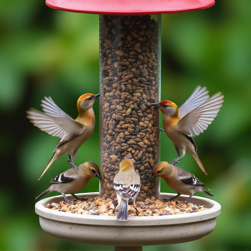 Wild birds eating from ground feeder