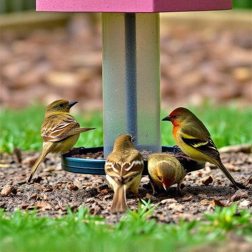 Wild birds eating from ground feeder