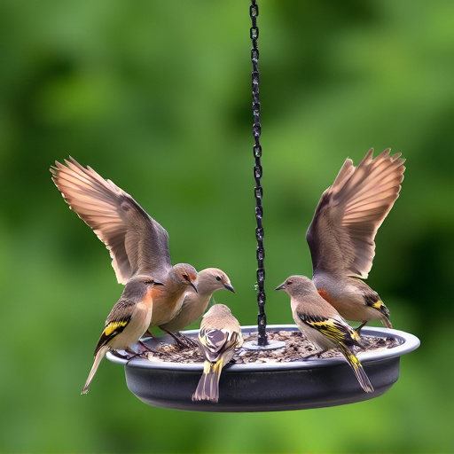 Wild birds eating from ground feeder