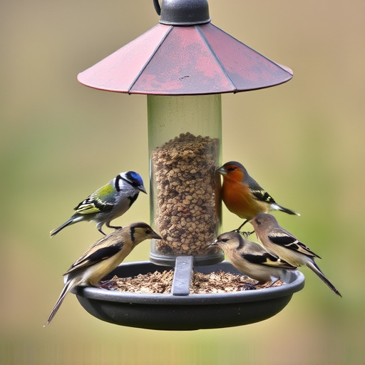 Wild birds eating from ground feeder