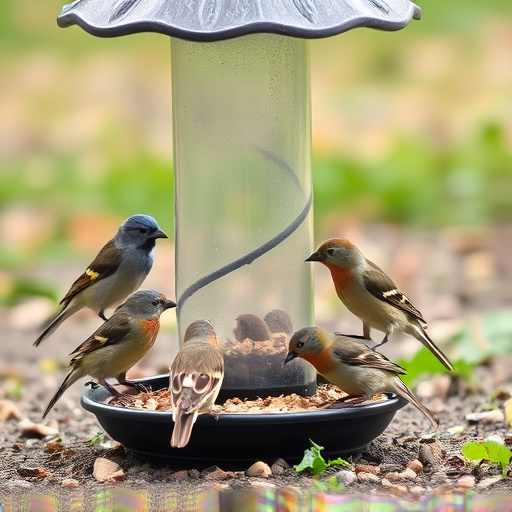 Wild birds eating from ground feeder