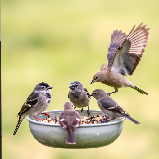 Wild birds eating from ground feeder