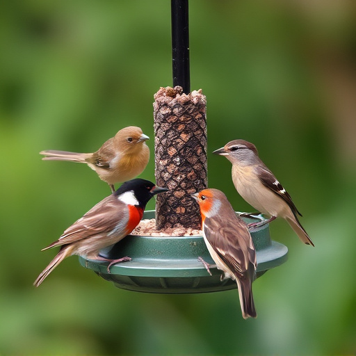 Wild birds eating from ground feeder