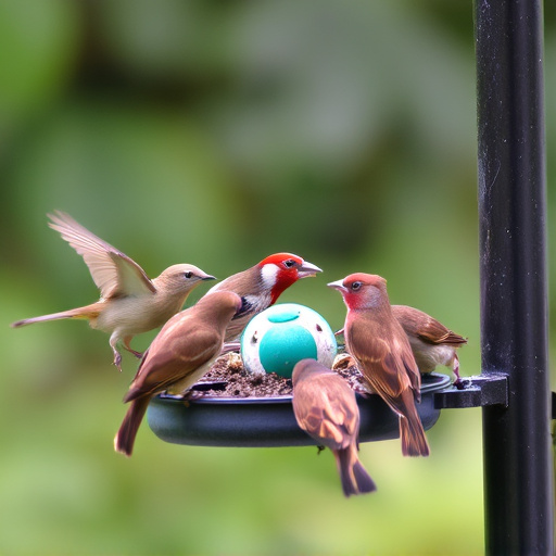 Wild birds eating from ground feeder