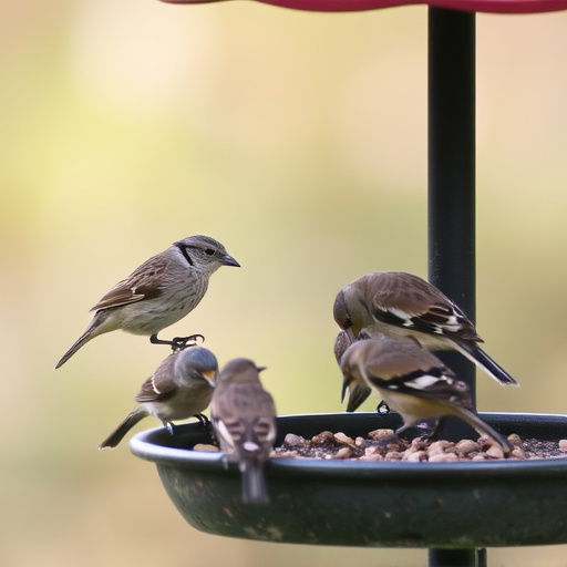 Wild birds eating from ground feeder
