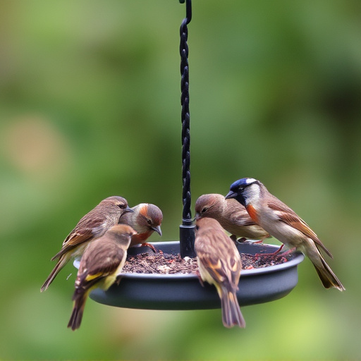 Wild birds eating from ground feeder